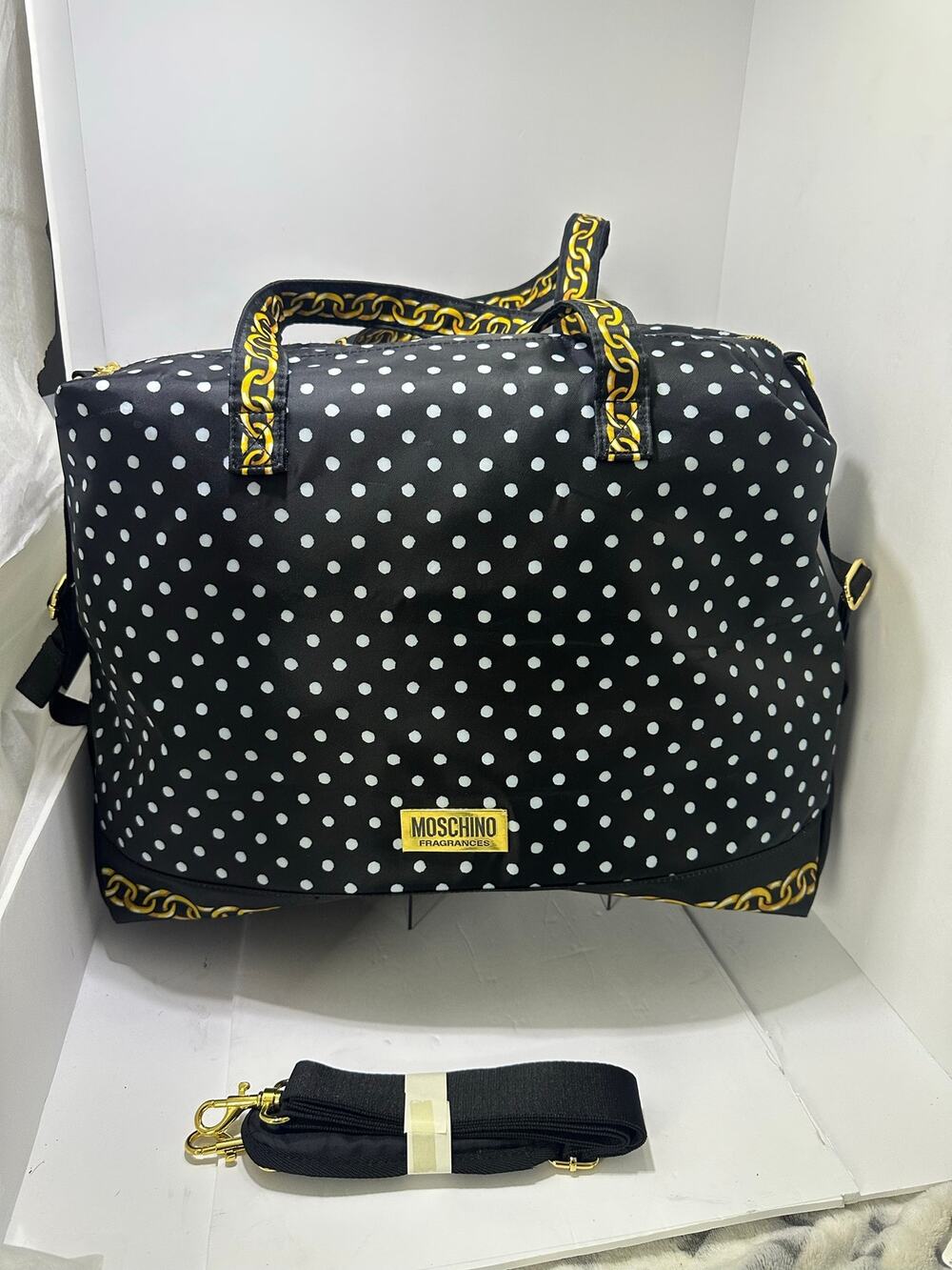 Moschino Fragrances Large Weekender Duffel Bag Black Polka Dot Gold Chain Travel